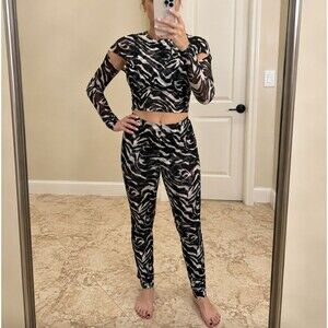 Naked Wardrobe Women’s M Zebra Mesh 2 Piece Top Leggings Set Cutout Ruched